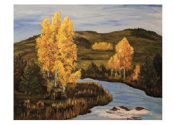 Fall GloryMEDIUMAcrylicBIOArt, music, and being creative have been very important part of my life. My career as a teacher allowed for these qualities to thrive, but it wasn’t till I retired that I had the opportunity to explore the visual arts more in depth. I had always drawn, painted, and worked with paper, now I adventure into all mediums, such as pastels, acrylic, mixed media. I have enjoyed venturing out into different genres whether it is plein air painting; paint with wax, or learning new techniques. I have studied with Chuck Cerraso, Lorenzo Chavez, Jane Hunt, Carol Nelson, Albert Handell, Janet Nunn, and many others. Plein Air painting is my love, what a great way to be experiencing nature by painting it live and in the moment. My main subject is painting flowers and landscapes. When traveling, I carry a special travel paint kit, to use to capture special moments. These travel art journals, have become a favorite of my family. HOMETOWNLouisville, COI Venture Out Because… Venturing out in nature awaken all my senses! As I paint plein air or in the studio, I reflect on the place; the sounds of the winds and birds; feeling the sun or chill in the air; the smell of the pines. I feel blessed and connected to this amazing world we live in. My hope is to relay these feelings into my art.WEBSITE & SOCIAL
	Facebook: Jane-Evans
► View all 2021 Art Trail artists