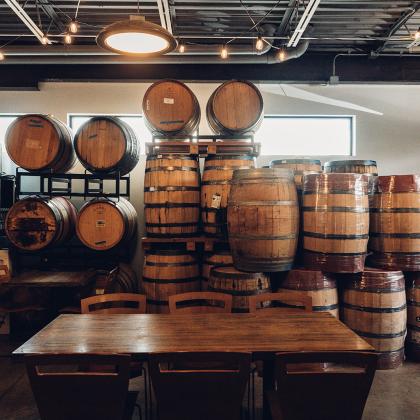 barrels in a distillery 