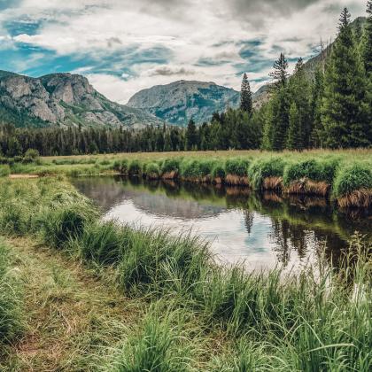 River surrounded by grass with view of mountains