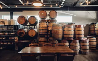 barrels in a distillery 