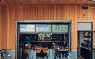 outdoor seating at distillery