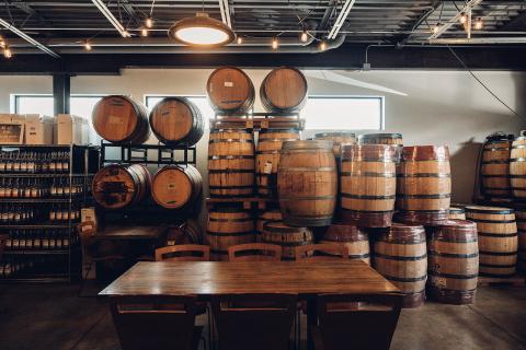 barrels in a distillery 