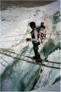 crossing crevasse in Khumbu glacier 
